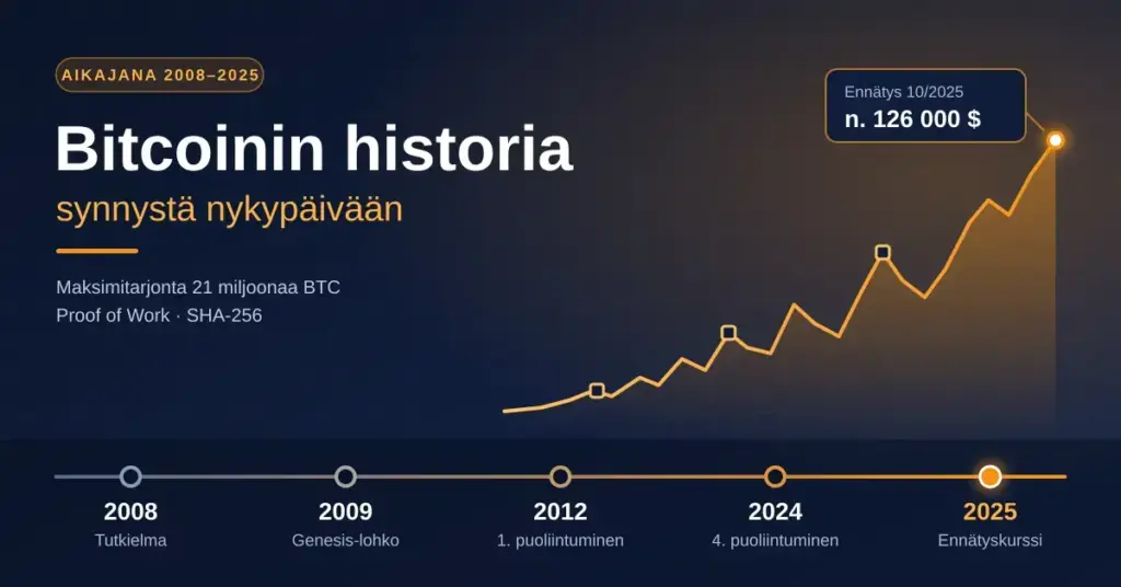 Tummansininen kuvitus, jossa otsikko "Bitcoinin historia – synnystä nykypäivään", oranssi nouseva kurssikäyrä ennätykseen n. 126 000 dollaria sekä aikajana vuosista 2008 (tutkielma) ja 2009 (genesis-lohko) puoliintumisten kautta vuoden 2025 ennätyskurssiin.